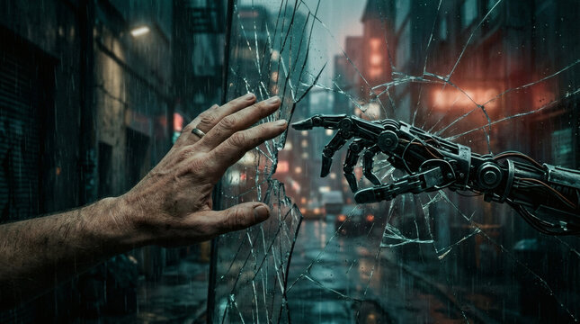 A conceptual image of a human hand reaching toward a cold robotic hand through cracked glass. The barrier creates a sense of failed connection, emotional distance, and mistrust between humans and AI.