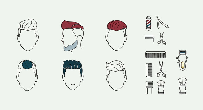 Illustrations of various hairstyles and barber tools.