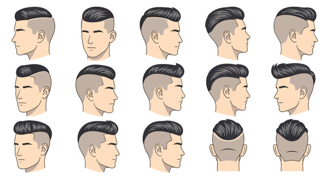 Variations of men's hairstyles and haircuts.