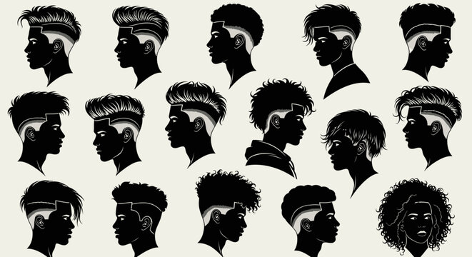 Collection of diverse black silhouettes with various hairstyles.
