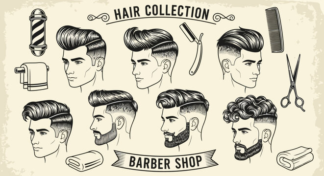 Vintage barber shop haircut styles collection.