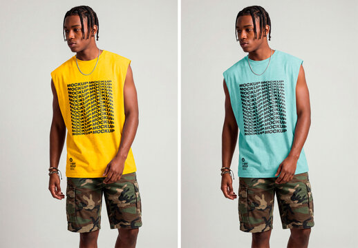 Sleeveless grey shirt on male model with camouflage shorts