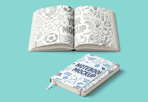 Blank notebook mockup open and closed on white background