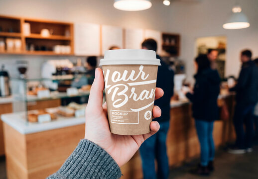 Takeaway coffee cup mockup in cafe hand view