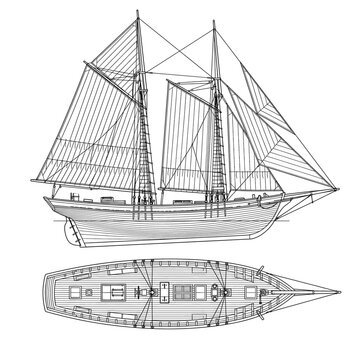 Detailed technical drawing of a two-masted schooner sailing vessel.