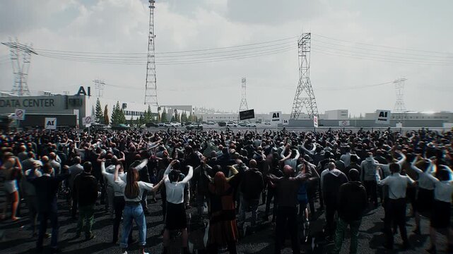 angry crowd protesting AI near a data center, Robot carrying weapon, anti-AI concept. Realistic 4k animation.