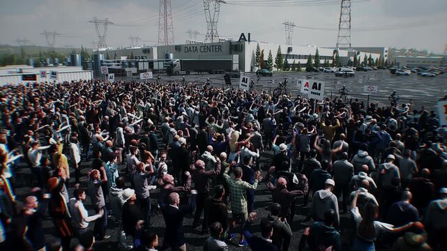 angry crowd protesting AI near a data center, Robot carrying weapon, anti-AI concept. Realistic 4k animation.