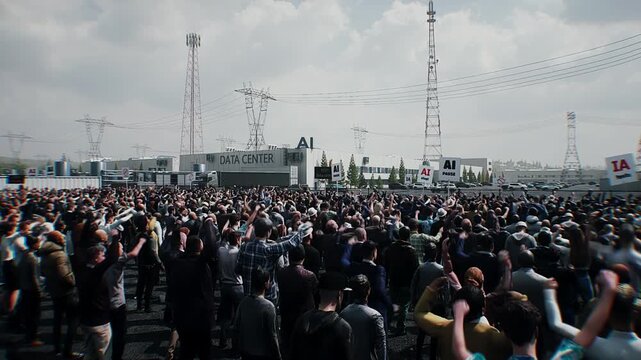 angry crowd protesting AI near a data center, Robot carrying weapon, anti-AI concept. Realistic 4k animation.