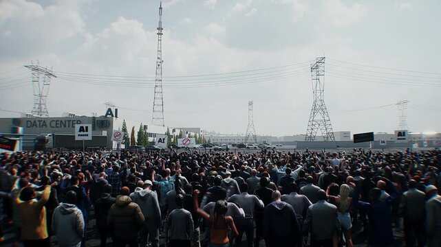angry crowd protesting AI near a data center, Robot carrying weapon, anti-AI concept. Realistic 4k animation.