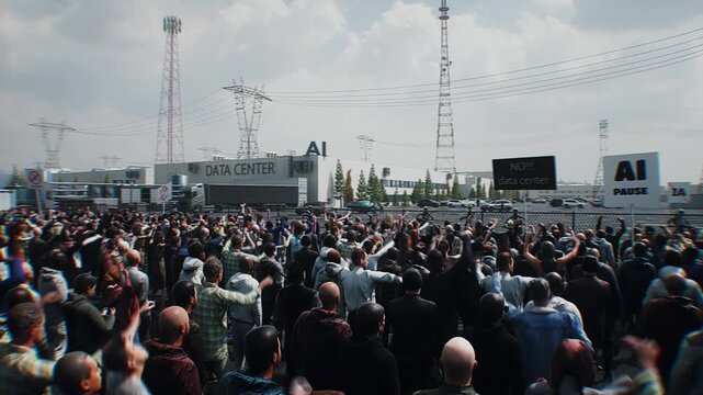 angry crowd protesting AI near a data center, Robot carrying weapon, anti-AI concept. Realistic 4k animation.