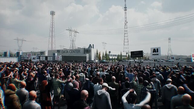 angry crowd protesting AI near a data center, Robot carrying weapon, anti-AI concept. Realistic 4k animation.
