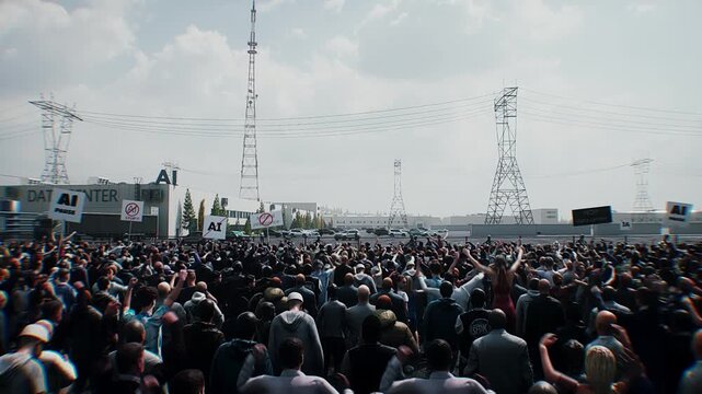angry crowd protesting AI near a data center, Robot carrying weapon, anti-AI concept. Realistic 4k animation.