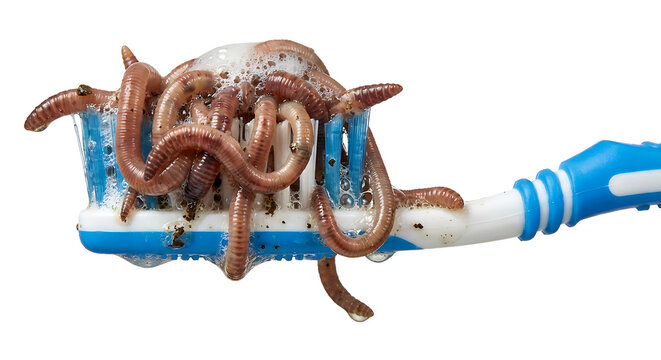 Surreal Earthworms on Toothbrush, Gross Dental Hygiene Concept