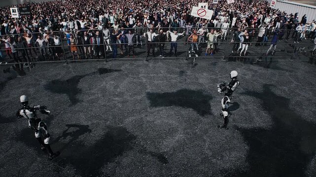 angry crowd protesting AI near a data center, Robot carrying weapon, anti-AI concept. Realistic 4k animation.