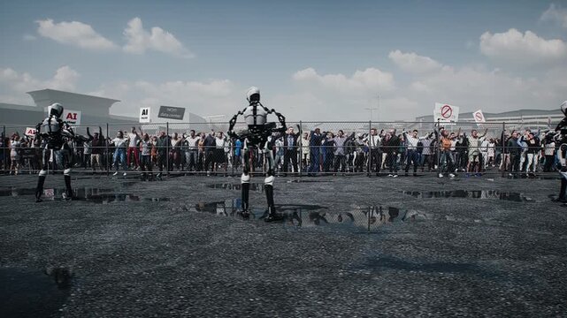 angry crowd protesting AI near a data center, Robot carrying weapon, anti-AI concept. Realistic 4k animation.