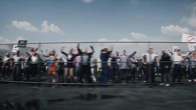 angry crowd protesting AI near a data center, Robot carrying weapon, anti-AI concept. Realistic 4k animation.