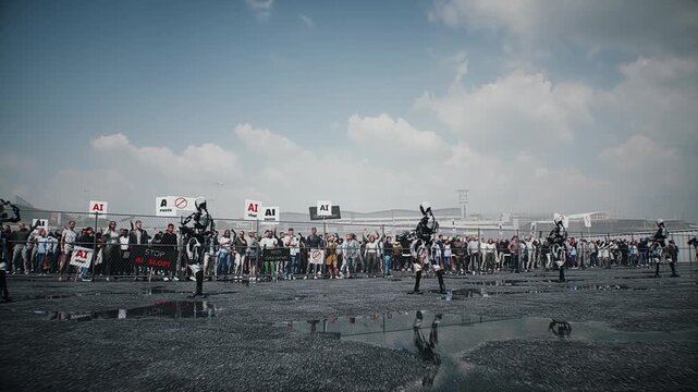 angry crowd protesting AI near a data center, Robot carrying weapon, anti-AI concept. Realistic 4k animation.