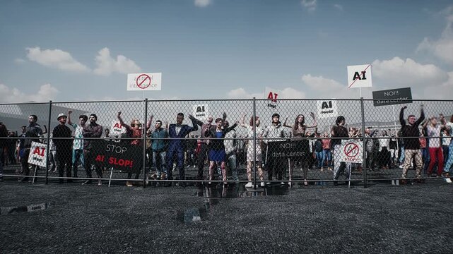 angry crowd protesting AI near a data center, Robot carrying weapon, anti-AI concept. Realistic 4k animation.