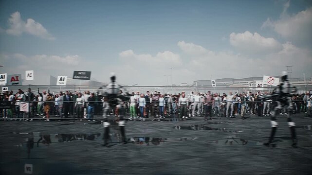 angry crowd protesting AI near a data center, Robot carrying weapon, anti-AI concept. Realistic 4k animation.