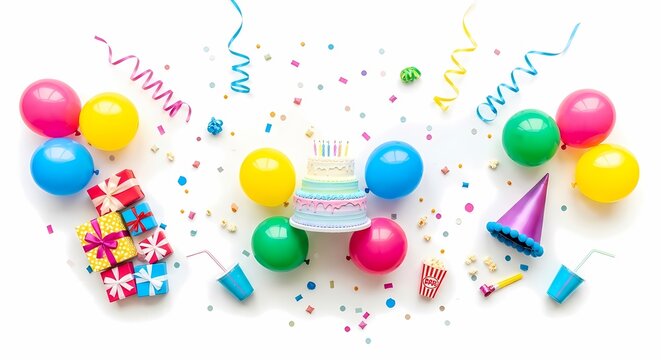 Birthday party flat lay with cake balloons and gifts.