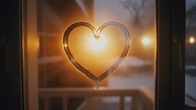 Cinematic Loopable Heart Shape Drawn in Condensation on Misty Window Glass