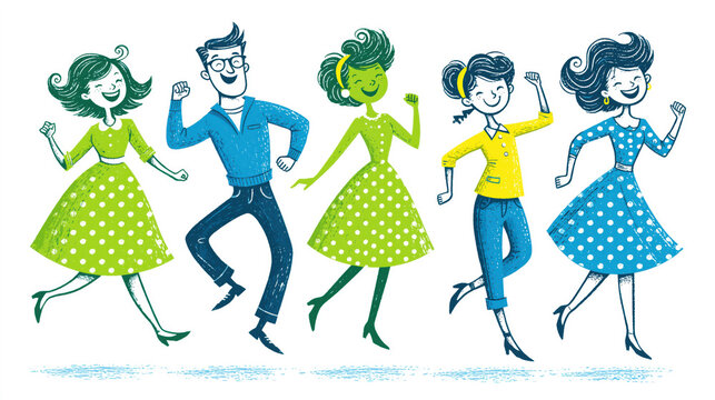 Retro mid-century modern illustration of a happy group of people dancing in 1950s style clothing on a white background created with Generative AI Technology, ai, generative 
