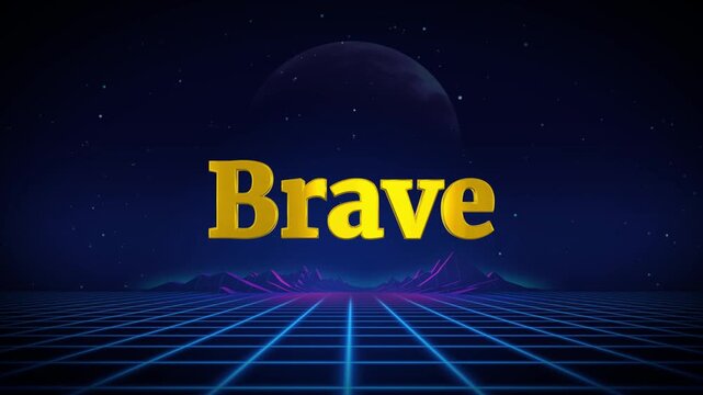 Retro neon grid background with 'brave' text in gold letters futuristic design