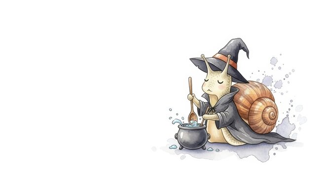 Whimsical halloween snail wizard with cauldron in magic scene for festive design