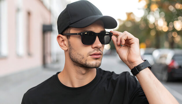Man in black baseball cap and sunglasses adjusting eyewear outdoors with bokeh background, urban street style