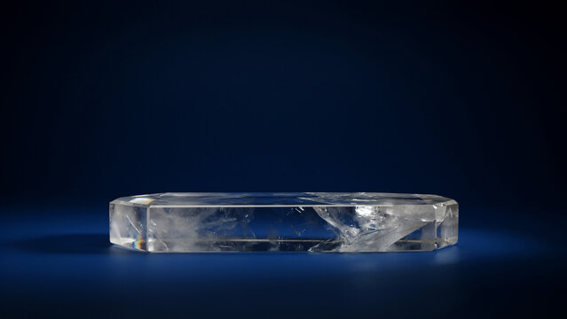 Clear rectangular quartz slab with beveled edges, dark blue copy space minimalist background, des