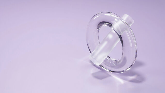Clear glass torus intersected by white cylindrical rod, soft copy space minimalist background