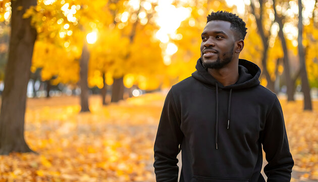 Man in black hoodie in autumnal park, looking to the side, golden hour sunlight filtering through trees with vibrant yellow and orange leaves
