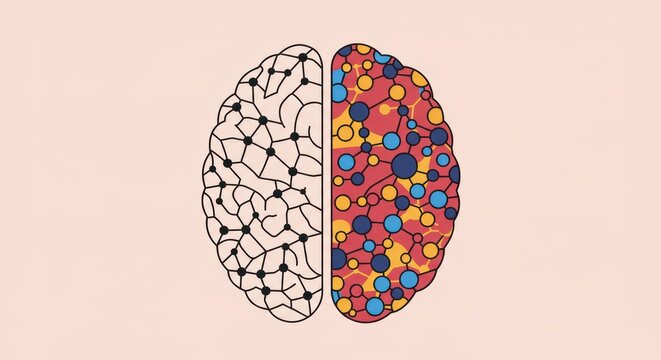 Creative and analytical brain hemisphere with colorful dots and network pattern illustration