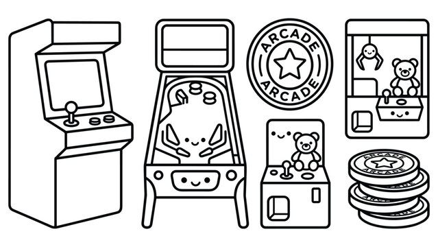Outlined arcade game equipment collection featuring console pinball crane and game tokens.