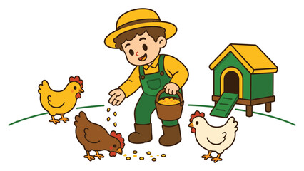 Fototapeta premium Young farmer feeding chickens in poultry yard with green coop at sunny rustic farm site.