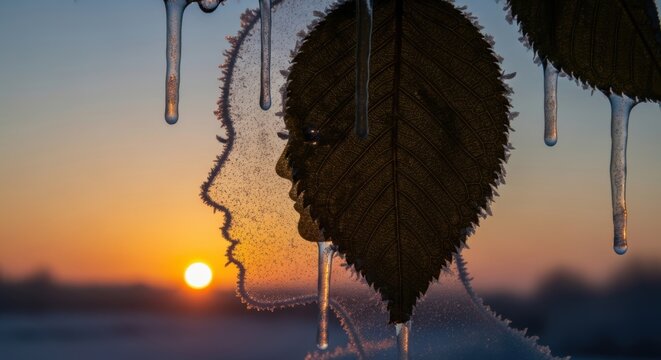 Silhouette of leaves and icicles at sunset with frosty patterns
