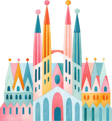 Obraz premium Watercolor bright majestic cathedral with tall spires isolated on transparent background.