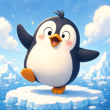 A realistic cute penguin character waving a hand on a floating iceberg under a blue sky, 3D cartoon style, generative AI