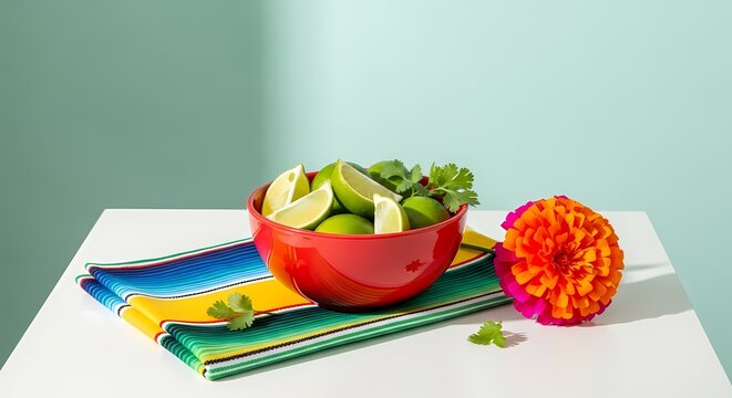 Bowl of limes and marigold on colorful napkin.