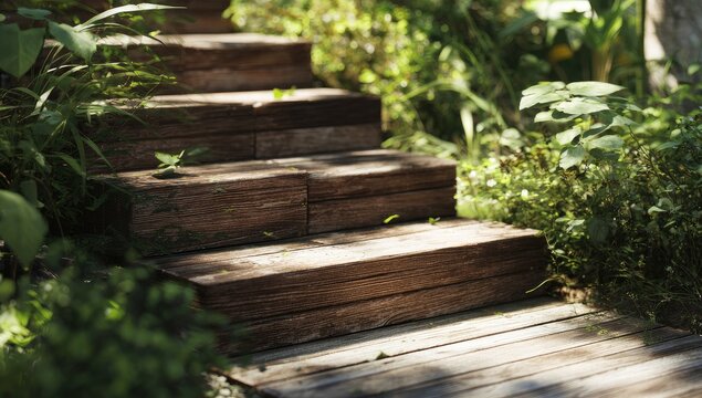 Weathered wooden stairs rise amidst lush green garden foliage, bathed in sunlight