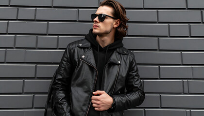 Obraz premium Man in black leather jacket and hoodie standing against a grey brick wall, urban fashion, cool style