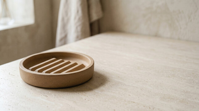 Minimalist round stone soap dish on a textured beige surface