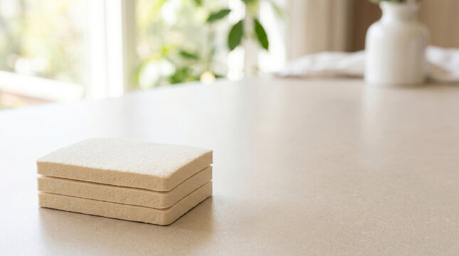 Stack of square beige coasters on a minimalist kitchen countertop