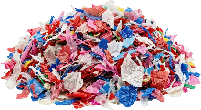 A pile of shredded colorful plastic pieces in various shades of red blue pink white and green indicating recycling and waste material scraps fragments debris