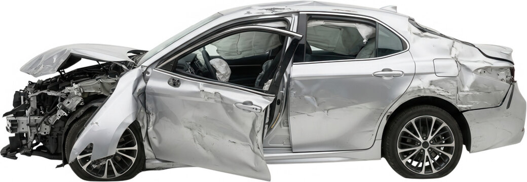 A severely damaged silver sedan with deployed airbags and extensive crumpling to the front and rear sections viewed from the side accident car collision wreck automobile crash