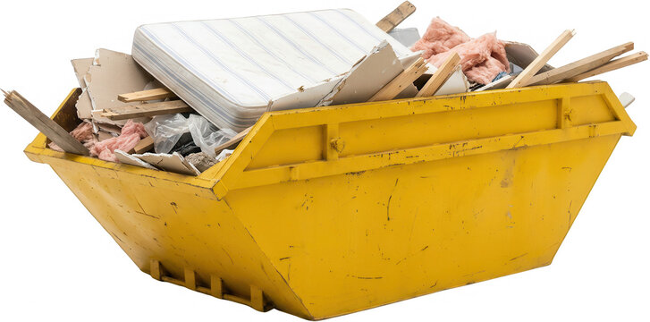 A bright yellow metal skip filled with construction debris including a mattress plasterboard wood fragments and insulation material dumpster waste renovation rubble removal