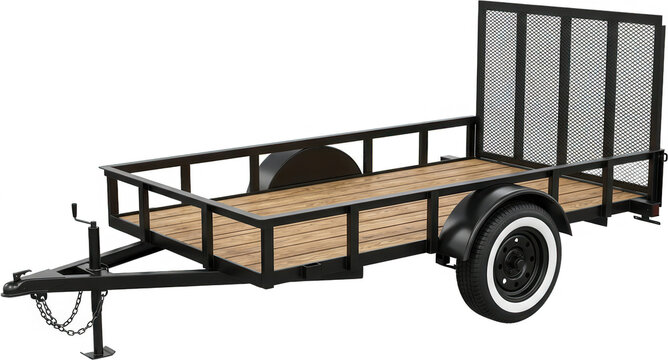 A black metal utility trailer with a wooden bed and a rear mesh gate is depicted from a side angle on a white studio surface cargo hauling transport vehicle towing flatbed