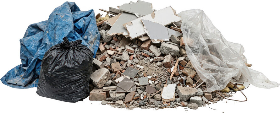 Pile of construction debris including bricks concrete drywall and a black trash bag next to a blue tarp and clear plastic sheeting waste rubble demolition building materials