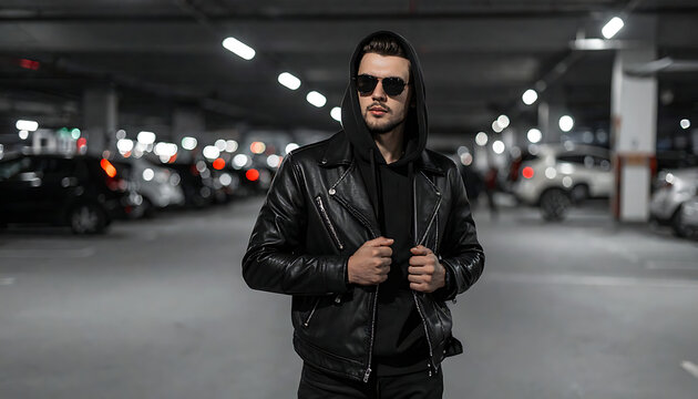 Man in studded leather jacket and sunglasses walking in a dimly lit parking garage, urban style, confident attitude