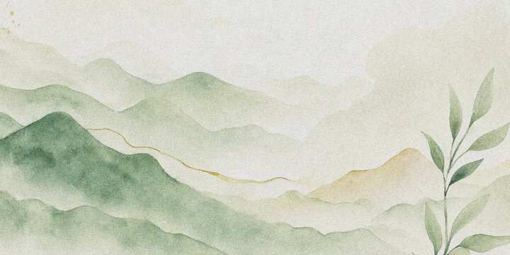 Watercolor mountain range and leaf branch against a light background